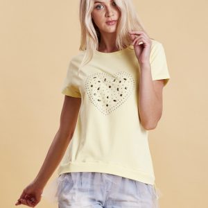 Wholesale Yellow t-shirt with glossy applique and tulle insert