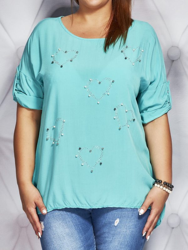 Wholesale Mint blouse with glossy applique of hearts PLUS SIZE