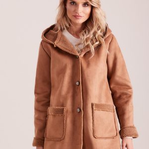 Wholesale Light brown sheepskin coat with hood