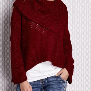 Wholesale Asymmetrical sweater with wide collar maroon