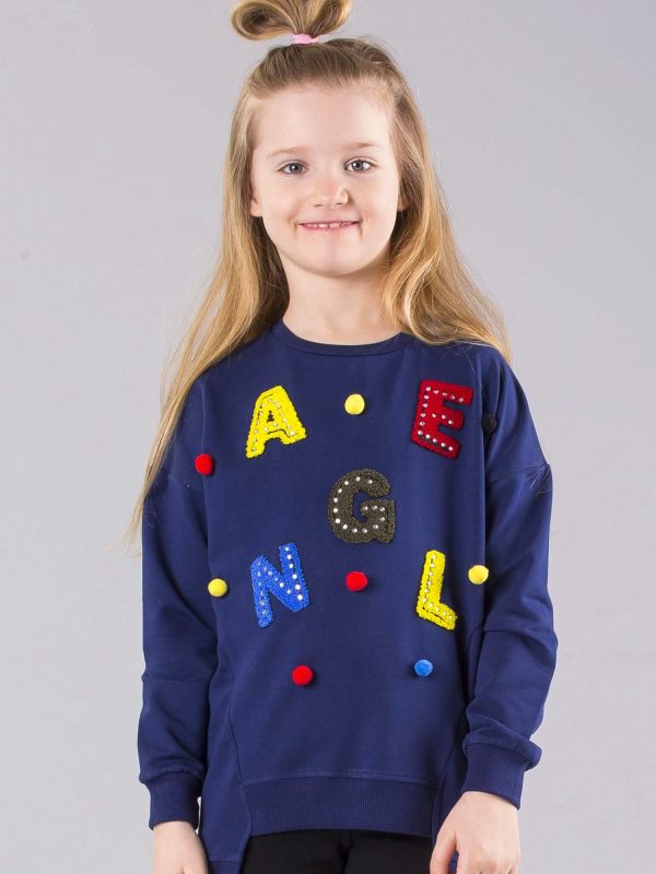 Wholesale Navy blue sweatshirt for girls with appliqué and pompoms