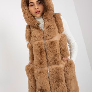 Wholesale Camel eco leather vest with fur and pockets