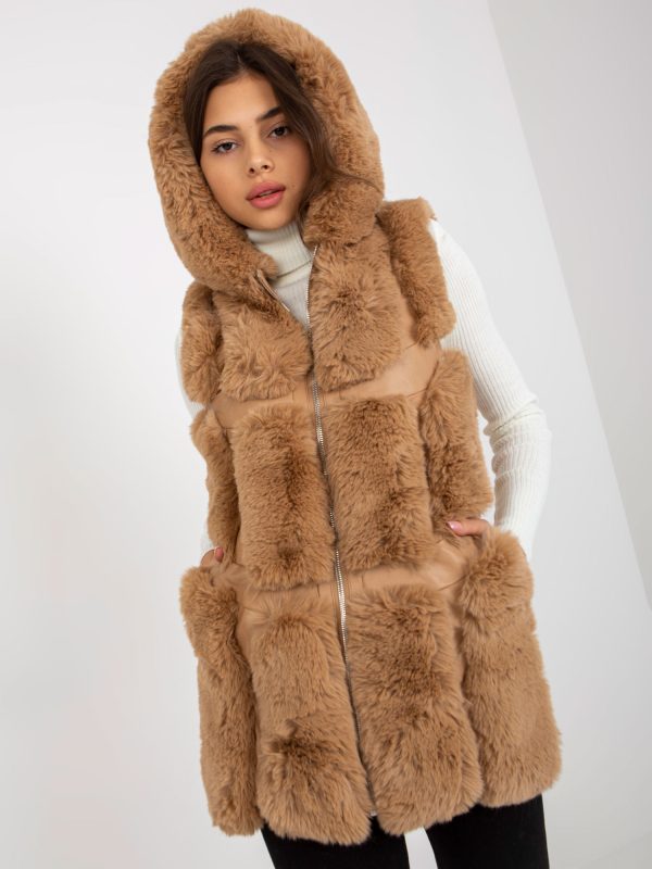 Wholesale Camel eco leather vest with fur and pockets