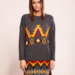 Wholesale Gray knitted dress with ethnic patterns