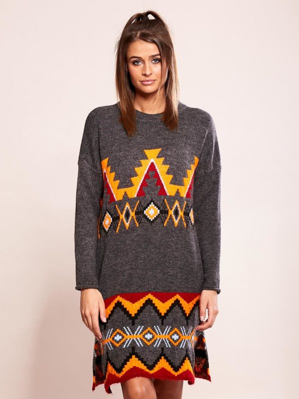 Wholesale Gray knitted dress with ethnic patterns