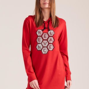 Wholesale Red sweatshirt tunic with hood and applique