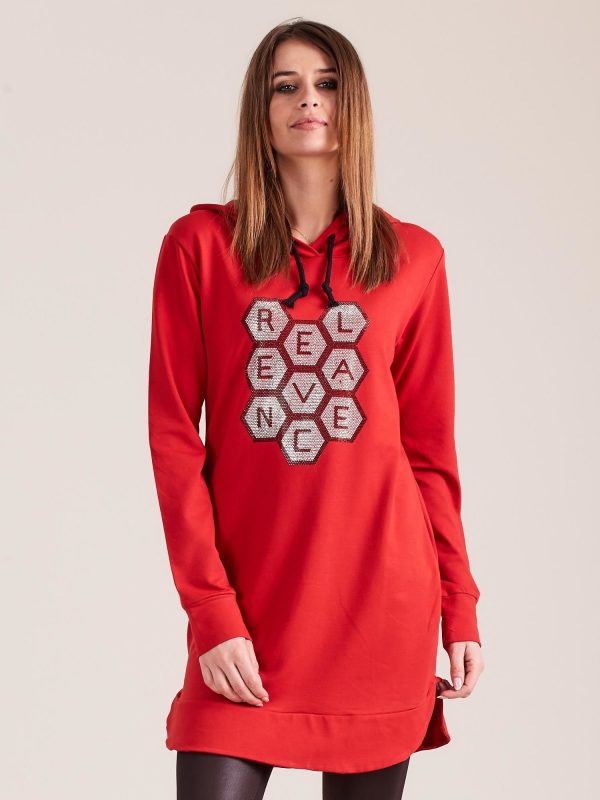 Wholesale Red sweatshirt tunic with hood and applique