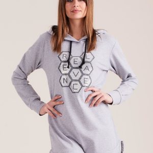 Wholesale Light gray sweatshirt tunic with hood and applique