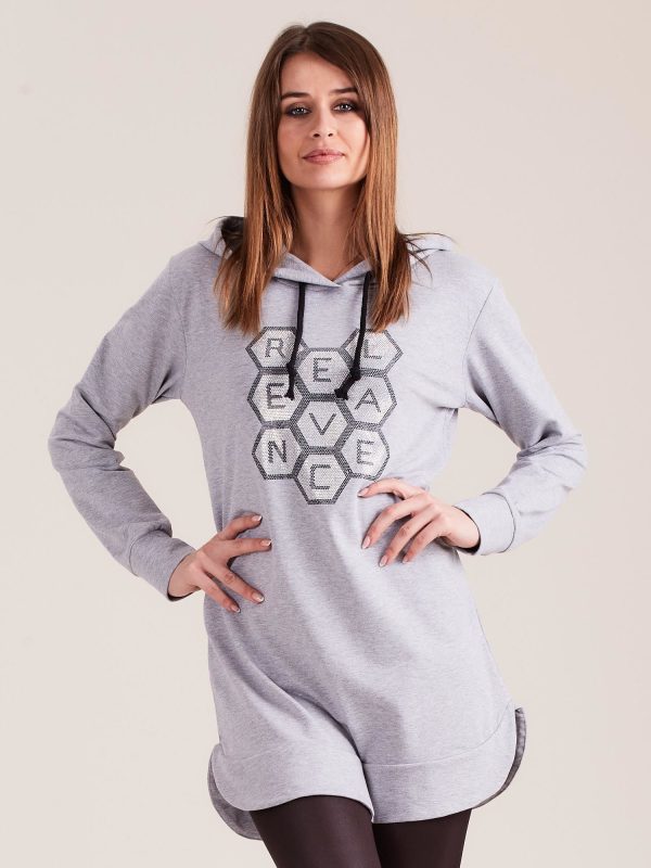 Wholesale Light gray sweatshirt tunic with hood and applique