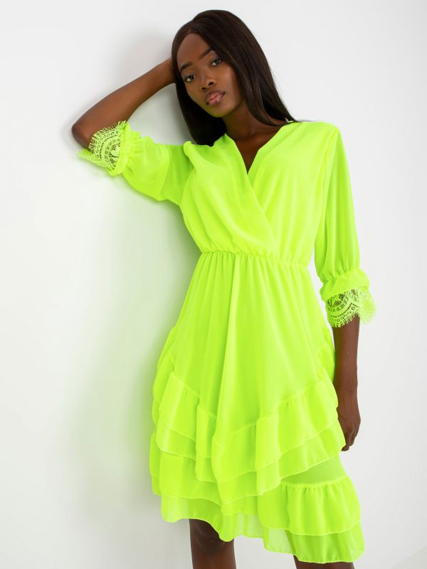 Wholesale Fluo Yellow Cocktail Dress with Wrap Neckline