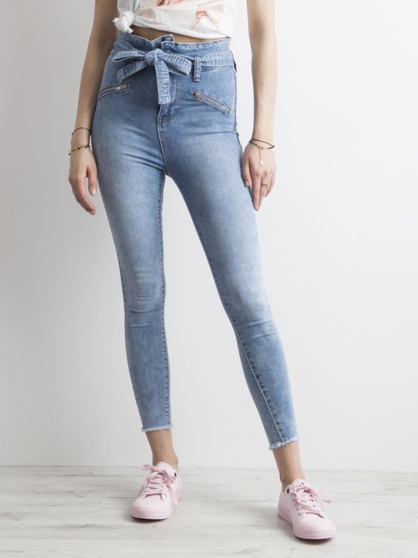 Wholesale High waist jeans with stripe blue