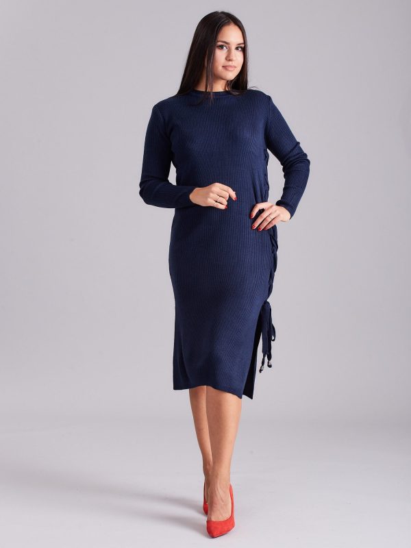 Wholesale Navy blue knitted dress with side lacing