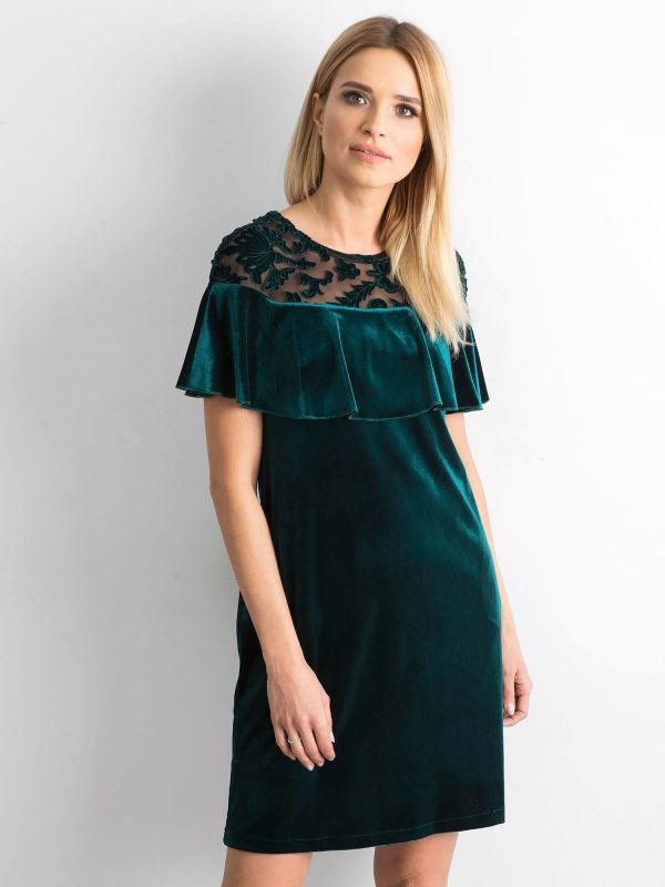 Wholesale Green velour dress with ruffle