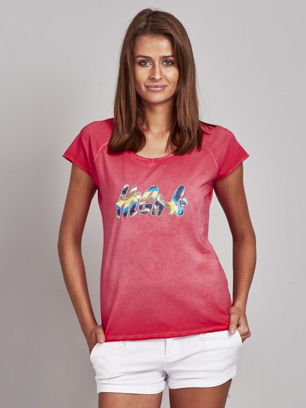 Wholesale Red t-shirt with colorful pattern