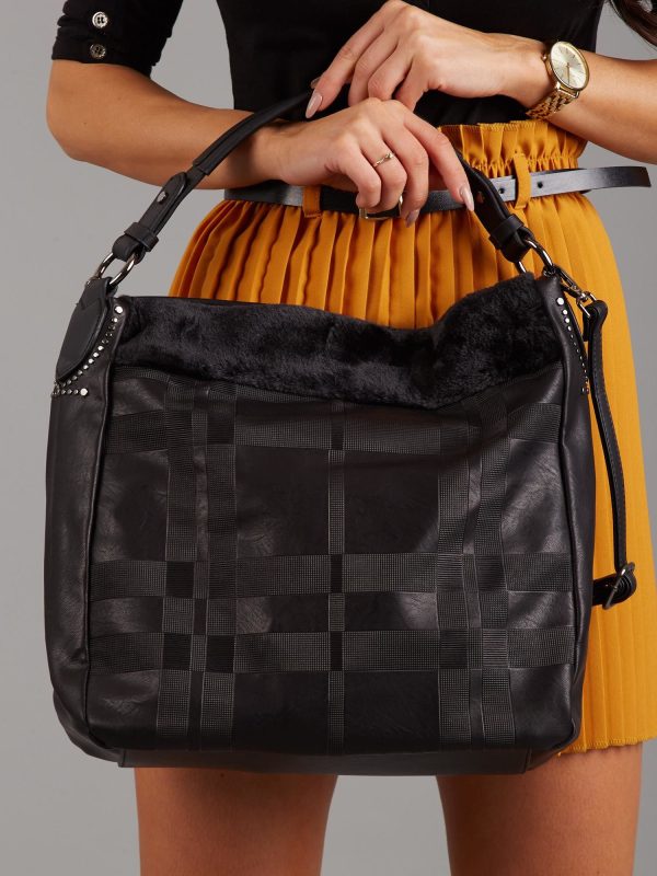 Wholesale Black checkered bag with fur