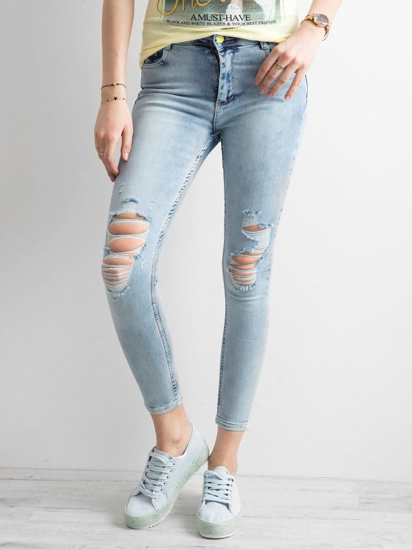 Wholesale Ankle jeans pants with holes blue