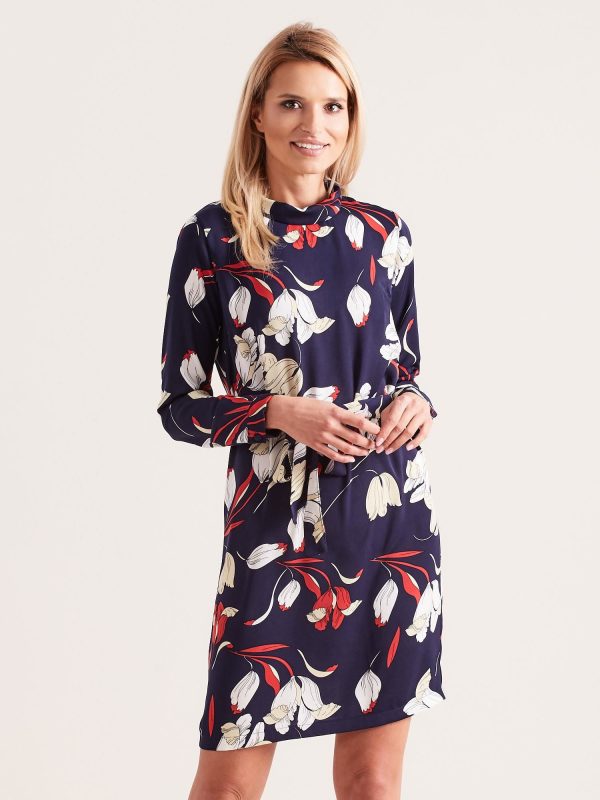 Wholesale Navy blue flower dress with stand-up collar