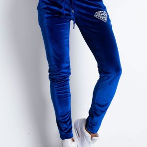 Wholesale Blue sweatpants in soft velour with diamonds