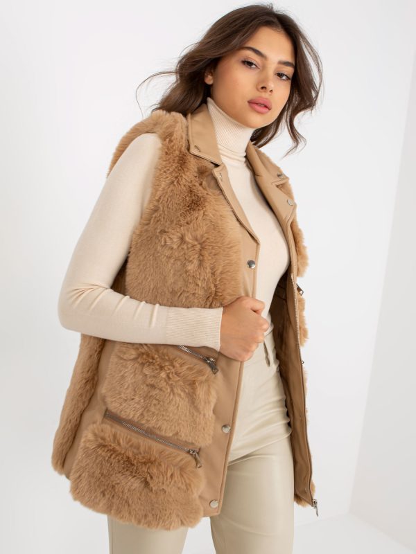 Wholesale Beige Women's Eco Leather Vest with Fur