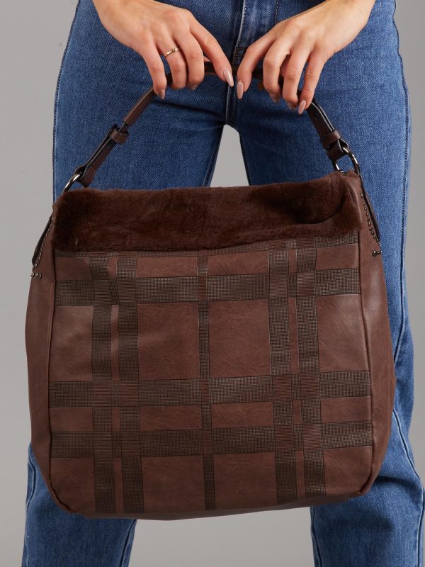 Wholesale Brown checkered bag with fur