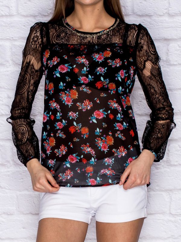 Wholesale Blouse mist with flowers black