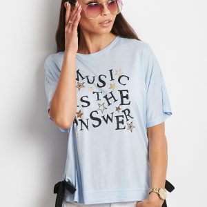 Wholesale Blue t-shirt with delicate text print and bows