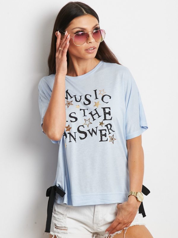 Wholesale Blue t-shirt with delicate text print and bows