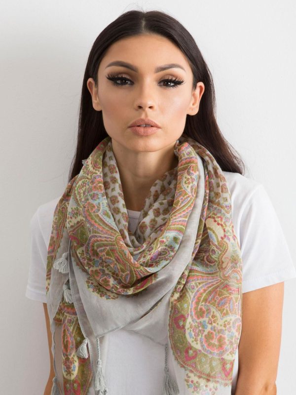 Wholesale Light grey scarf with print and fringes