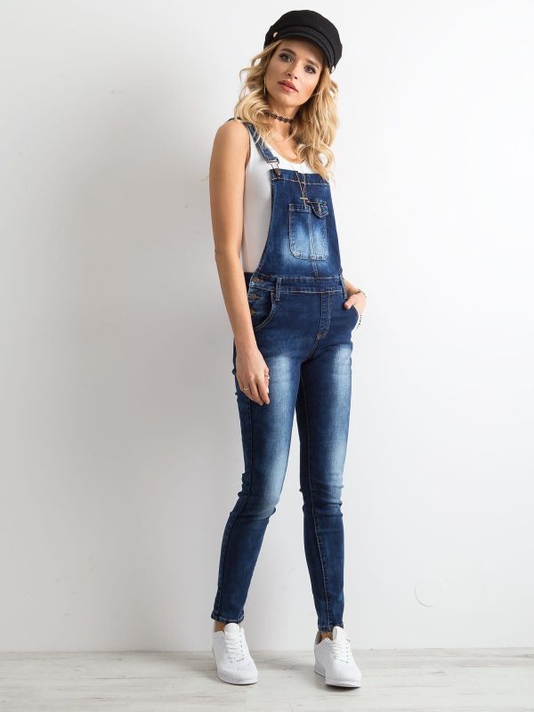 Wholesale Blue denim dungarees with abrasions