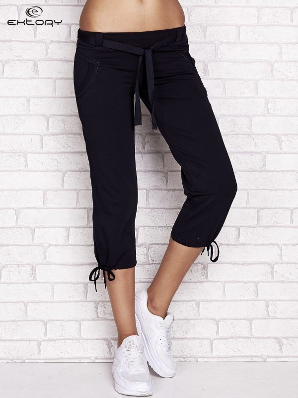 Wholesale Navy blue capri sweatpants with fabric belt