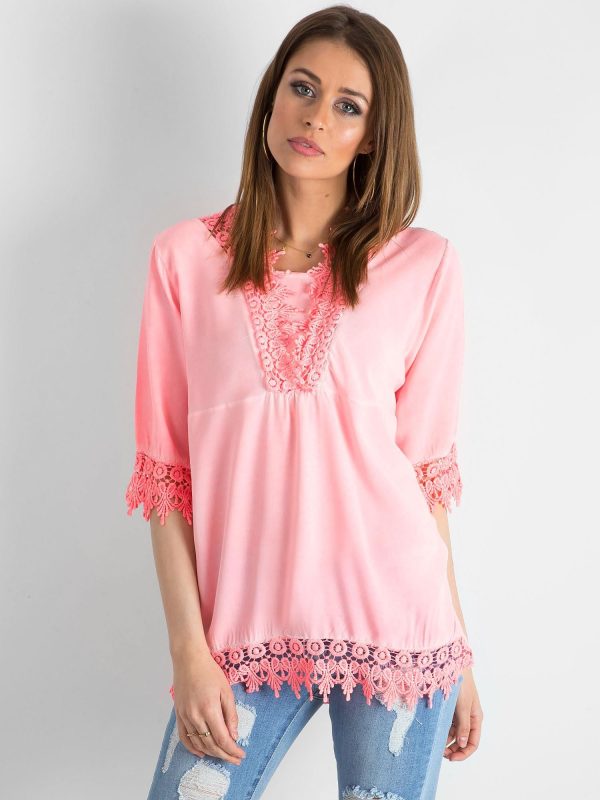 Wholesale Fluo peach blouse with lace