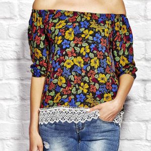 Wholesale Blue blouse with colorful flowers