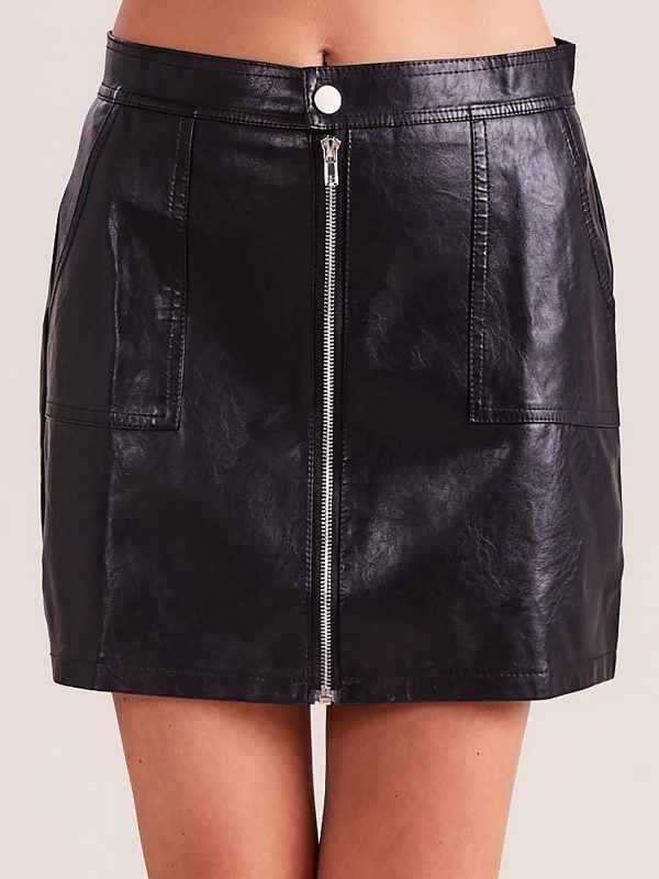 Wholesale Black eco-leather skirt with zipper