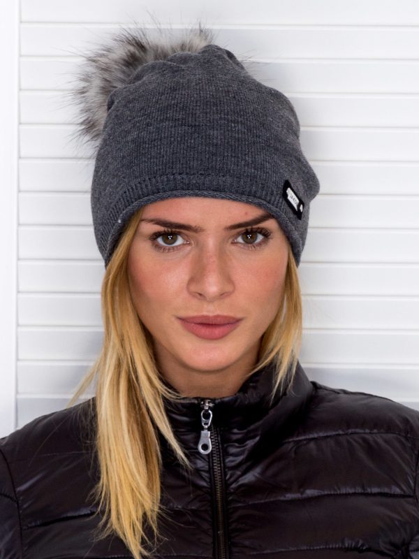 Wholesale Smooth beanie hat with tassel dark grey