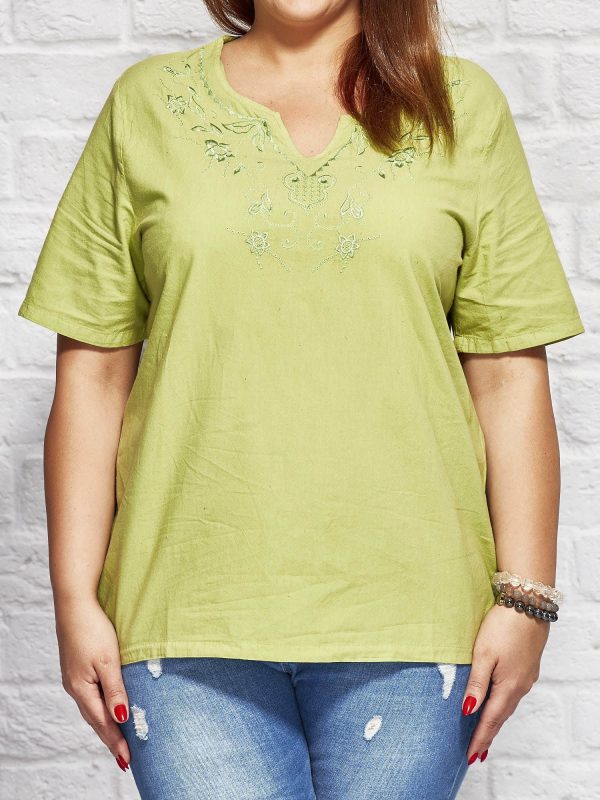 Wholesale Shirt blouse with embroidered pattern green PLUS SIZE