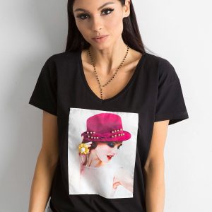 Wholesale Women's Black T-Shirt with Applique