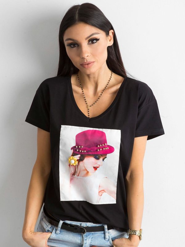 Wholesale Women's Black T-Shirt with Applique