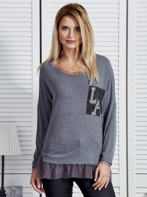 Wholesale Dark grey blouse with tulle trim