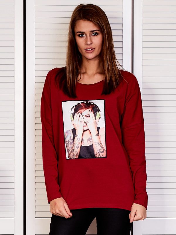 Wholesale Women's blouse with portrait of rock girl burgundy