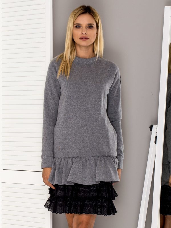 Wholesale Grey sweatshirt dress with flounce and lace