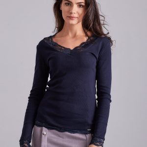 Wholesale Navy blue striped blouse with lace