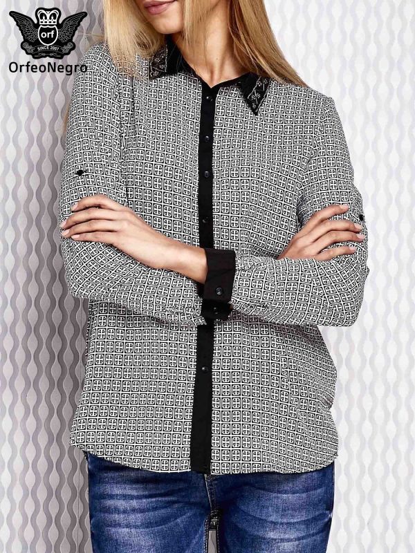 Wholesale Black Patterned Shirt with Jewelry Collar