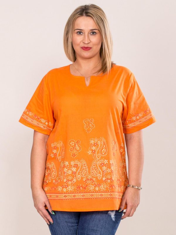 Wholesale Oversized shirt with paisley motif orange PLUS SIZE