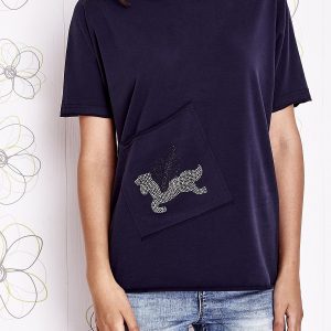 Wholesale Navy blue t-shirt with diagonal pocket and rhinestones