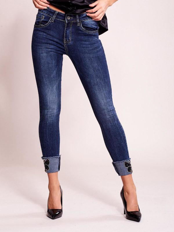 Wholesale Dark blue slim jeans with applique