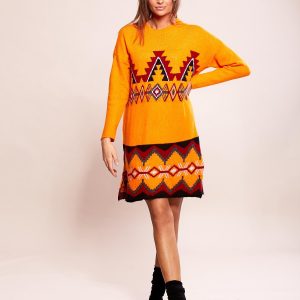 Wholesale Orange knitted dress with ethnic patterns