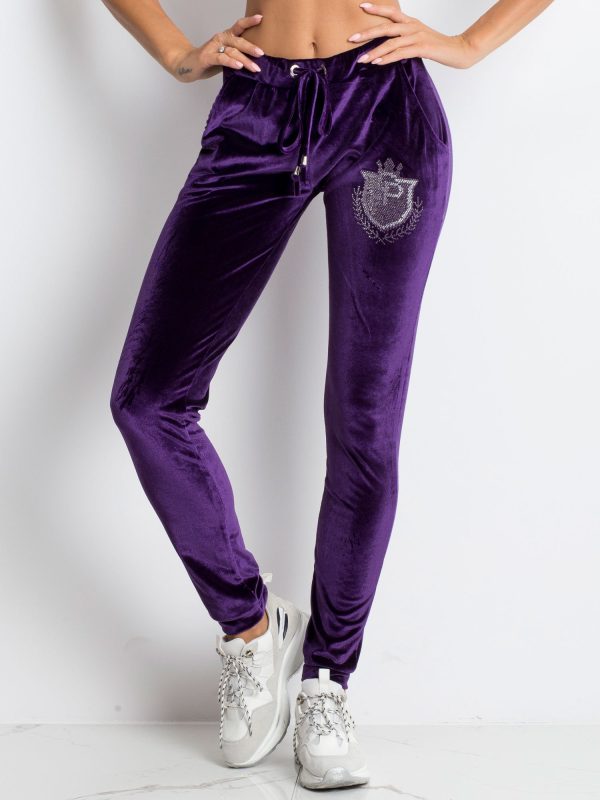 Wholesale Purple velour sweatpants with applique from rhinestones