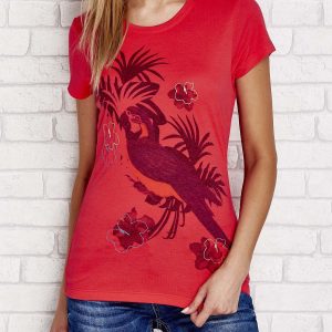 Wholesale Dark coral t-shirt with tropical print