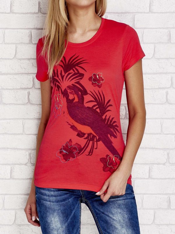 Wholesale Dark coral t-shirt with tropical print