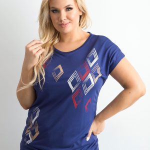 Wholesale Dark blue T-shirt with geometric motif PLUS SIZE